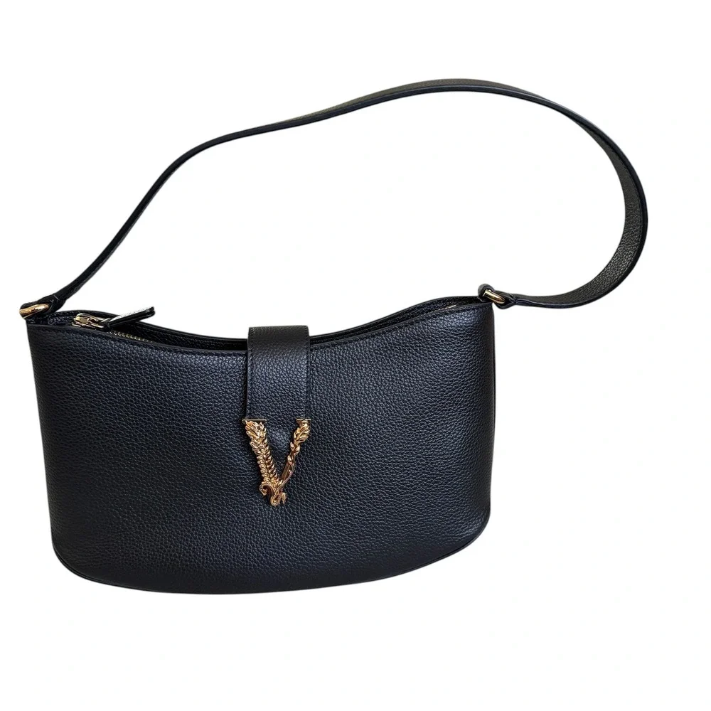 Versace Virtus‎ Small Hobo Bag Black Grained Leather Gold Barocco V